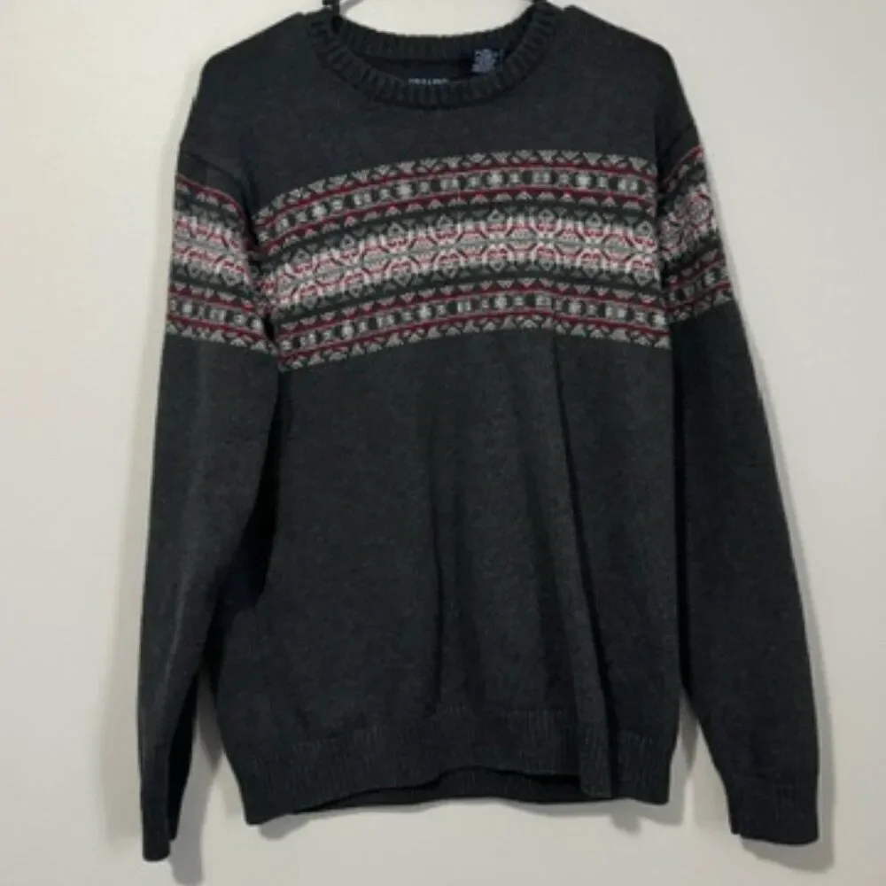 USED Men's Chaps Long Sleeve Sweater Crew Neck Color Grey and Red Size Medium